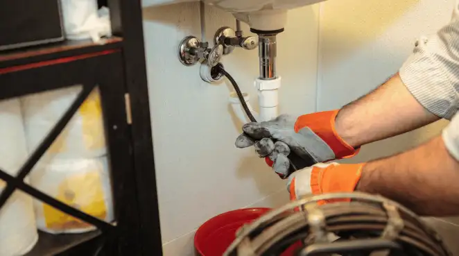 Drain cleaning technician using a motorized plumbing snake to clear a clogged sink pipe in Boulder, CO